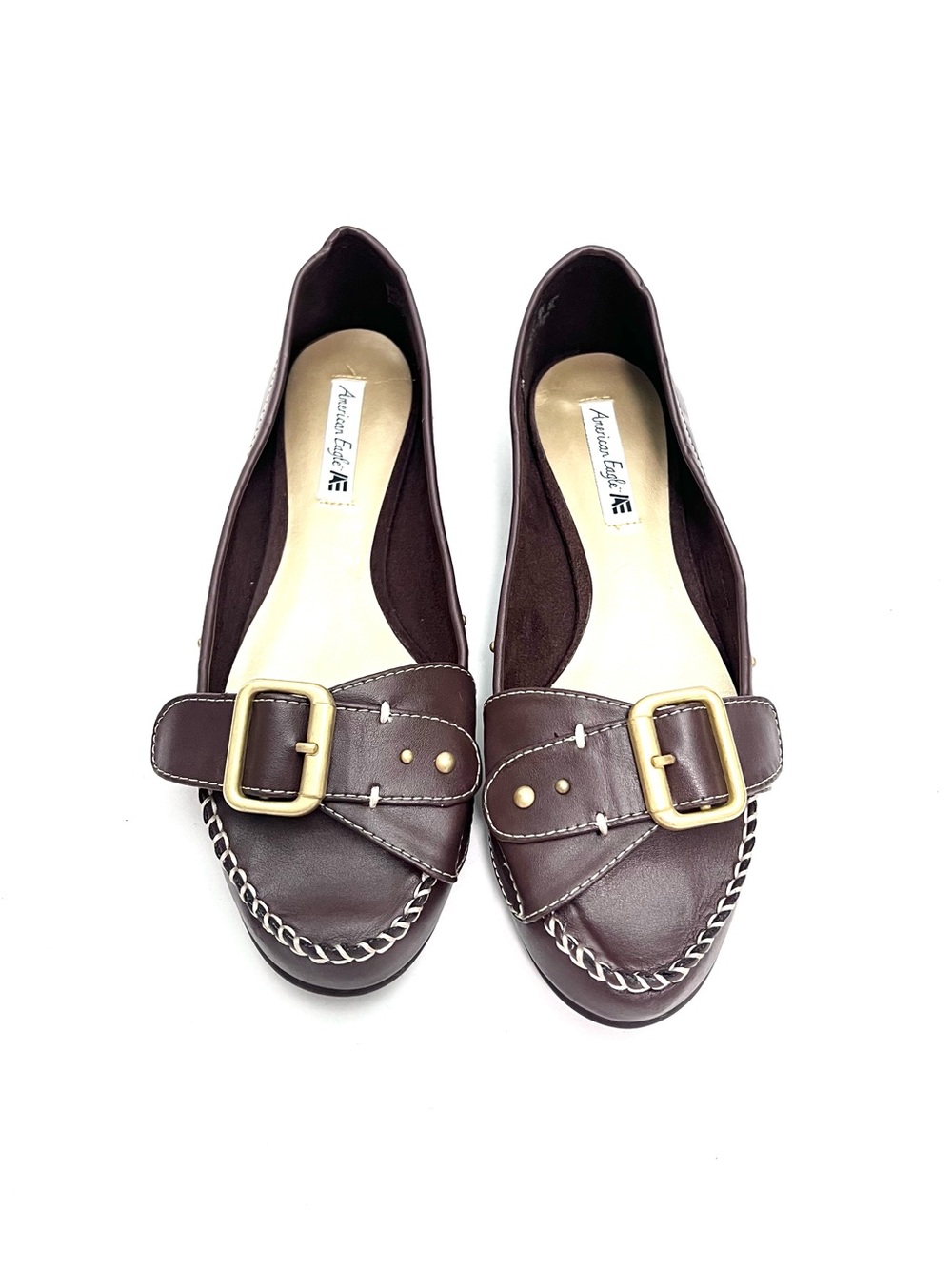 Vintage Y2K deadstock brown vegan leather moccasin stitched buckle loafers